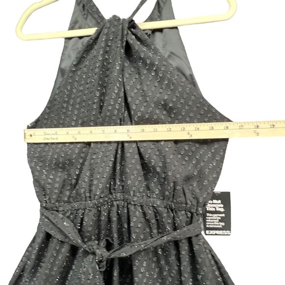 Express Metallic Halter Dress M Black Sparkle Fit Flare Belted Party Evening NEW - Picture 6 of 16